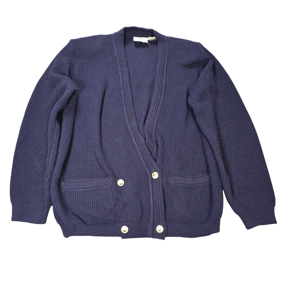 Vintage Cutter Ltd Ribbed Cardigan Women's Size XL Navy Blueโ Gold Button Wool